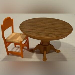 Vintage Tomy 1970s Dollhouse Dining Table and Orange Chair Made in Japan